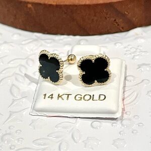 14KT Gold Black Clover-Style Stud Earrings with Ball Screw back backin
